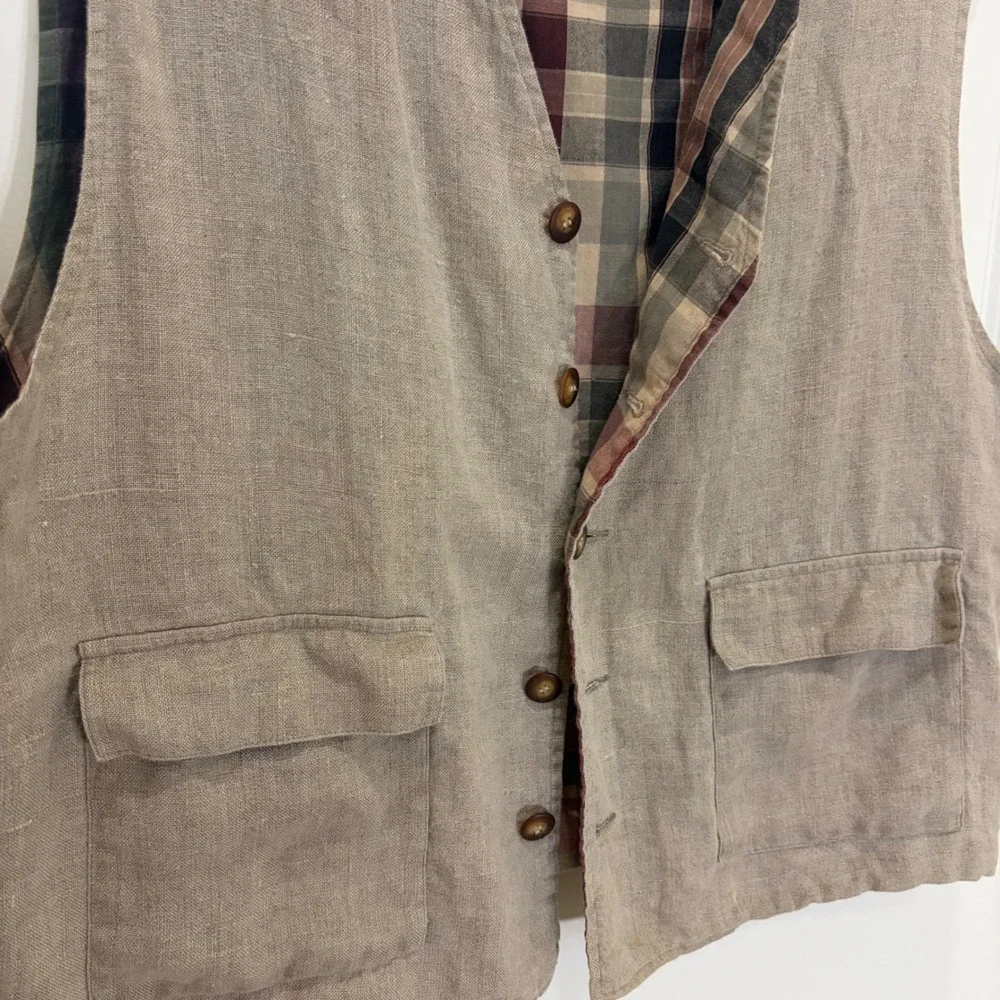 Mens Vintage Reversible Plaid and Tan Linen Blend Button Front Vest Large